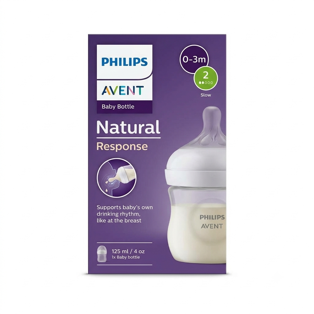 Philips Avent Natural Response Feeding Bottle - Anti-Colic - 125ml (4oz) | Flow 2 Slow Nipple - Transparent | 0-3 M | SCY900/01 - MINIMEE KIDS