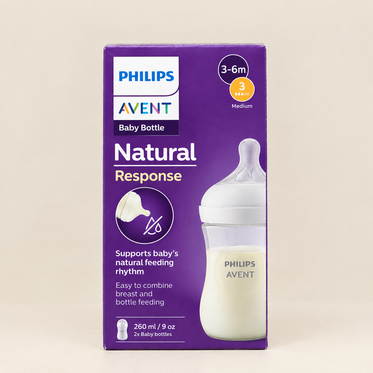 Philips Avent Natural Response Baby Feeding Bottle 260ml / 9oz (3–6M, Flow 3 Medium) — SCY903 Series (Clear, Pink & Blue) - MINIMEE KIDS
