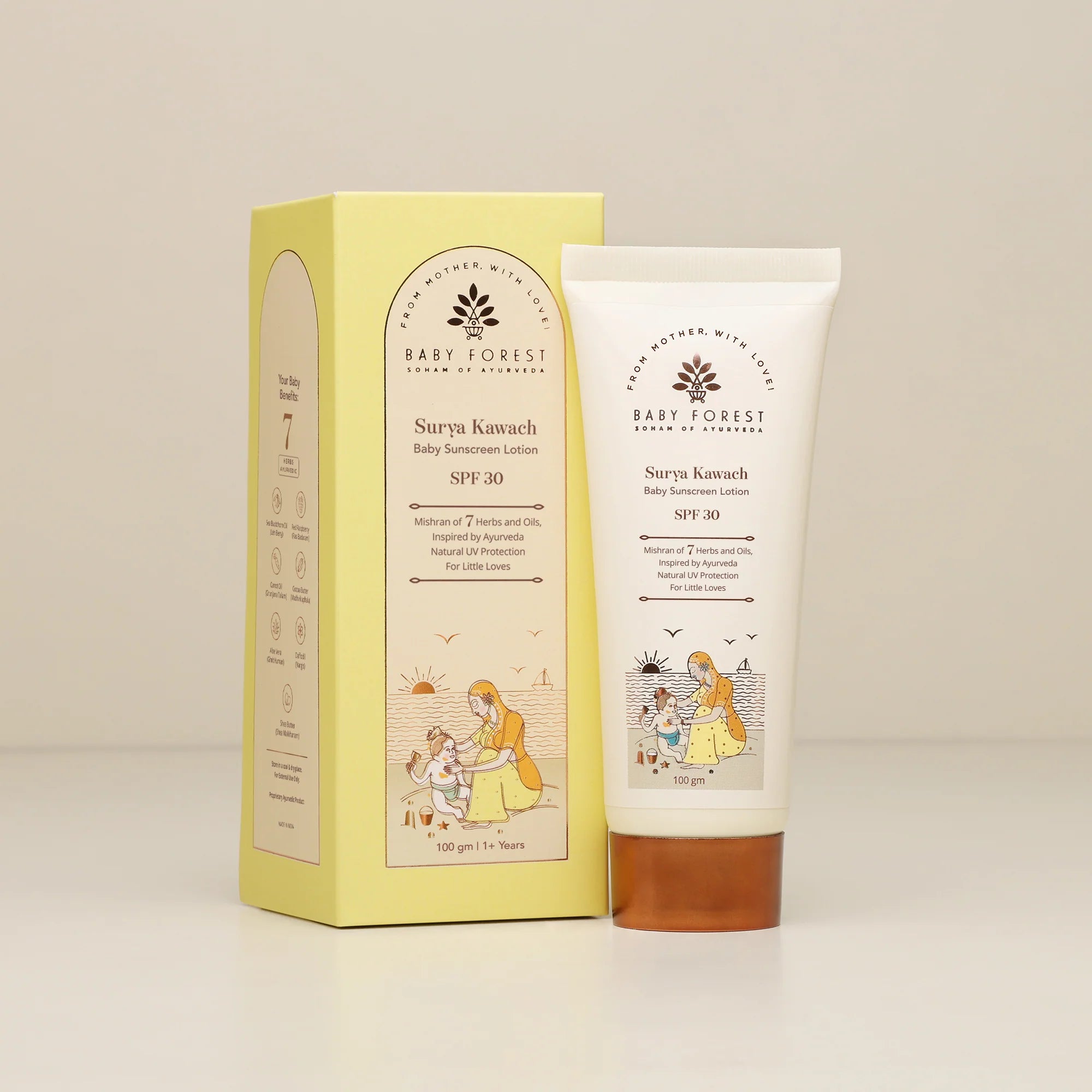 Baby Forest Surya Kawach Ayurvedic SPF 30 Baby Sunscreen Lotion 100g for 1+ Years | Natural UV Protection with Zinc Oxide, Seabuckthorn & Red Raspberry Seed Oil