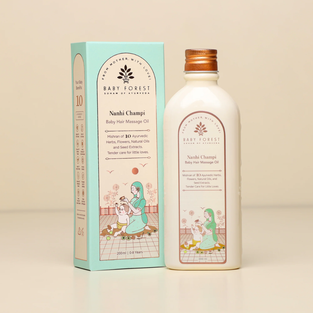Baby Forest Nanhi Champi Ayurvedic Baby Hair Massage Oil (200ml) – Blend of 10 Natural Herbs, Bhringraj, Almond & Sesame Oils for Stronger Roots, Cradle Cap Relief & Healthy Hair Growth - MINIMEE KIDS