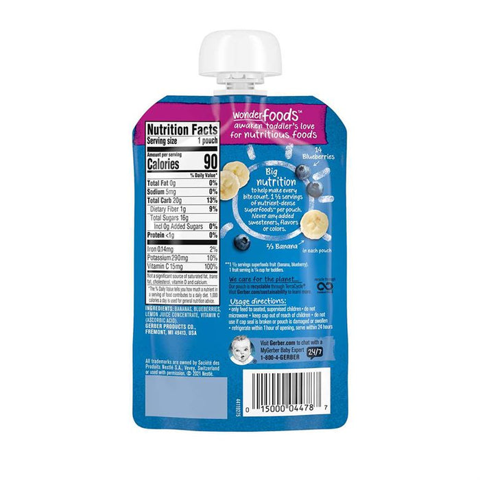 Gerber Natural Puree for Toddler Wonderfoods Banana Blueberry - 99g | Healthy Snack for 12+ Months