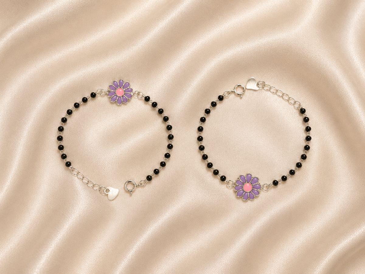 Purple Blossom Daisy Enamel Nazariya - 925 Sterling Silver Protective Flower Bracelet for Kids