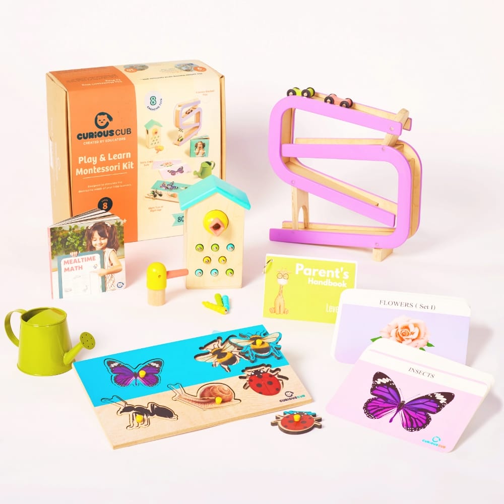 Curious Cub Level 8 Montessori Play & Learn Kit (16-18 Months) | Toddler Educational Set with Car Tracker & Magnetic Bird Feeder | minimee kids