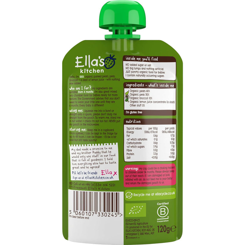 Ella’s Kitchen Pears, Peas & Broccoli – Organic Super Smooth Baby Puree for 4+ Months – 120g Pouch – No Added Sugar, Salt, or Water – Naturally Sweet & Gluten-Free