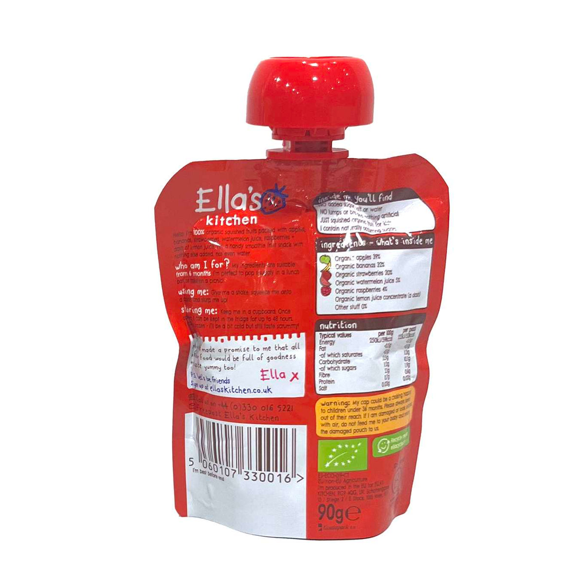 Ella's Kitchen The Red One Organic Fruit Puree | 100% Organic Squished Fruit with Apples, Bananas, Strawberries, Watermelon & Raspberries | No Added Sugar | Smooth Baby Food Pouch | 90g | 6+months