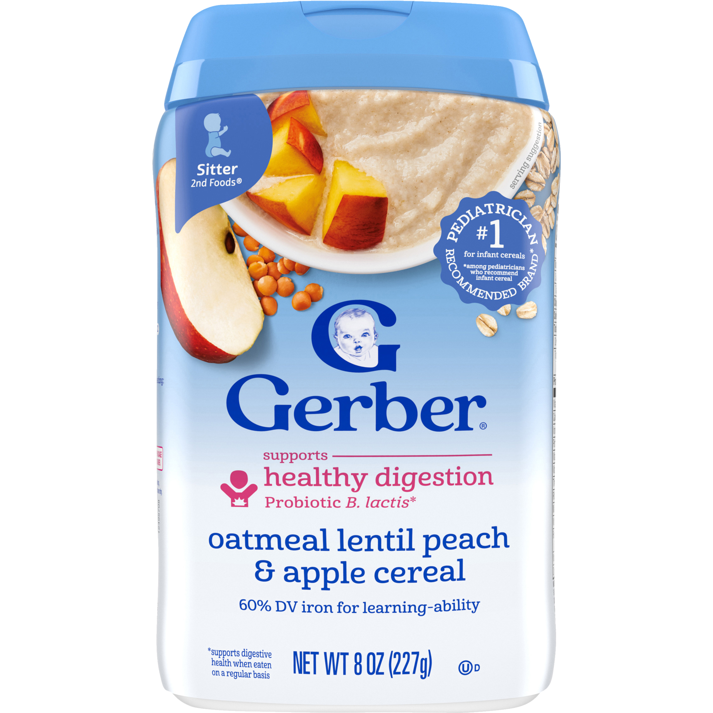 Gerber Oatmeal Lentil Peach & Apple Cereal - 227g | Supports Healthy Digestion with Probiotic B. lactis, 60% DV Iron for Learning-Ability, Non-GMO for Sitter Babies 2nd Foods (6+ Months)