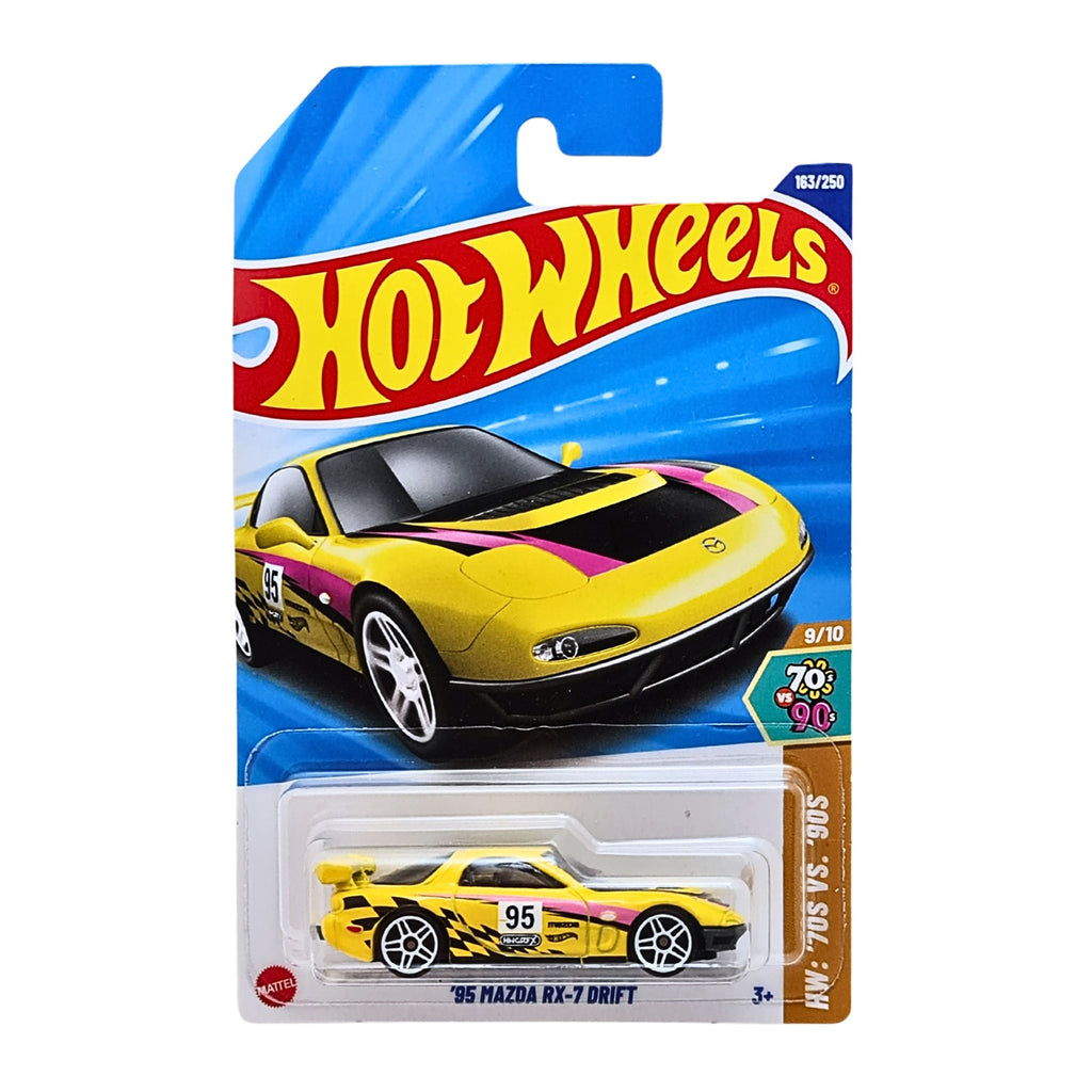 Hot Wheels ’95 Mazda RX-7 Drift Yellow – HW 70s vs 90s Series 2025 Die-Cast Car (163/250, 9/10) JDM Collectible