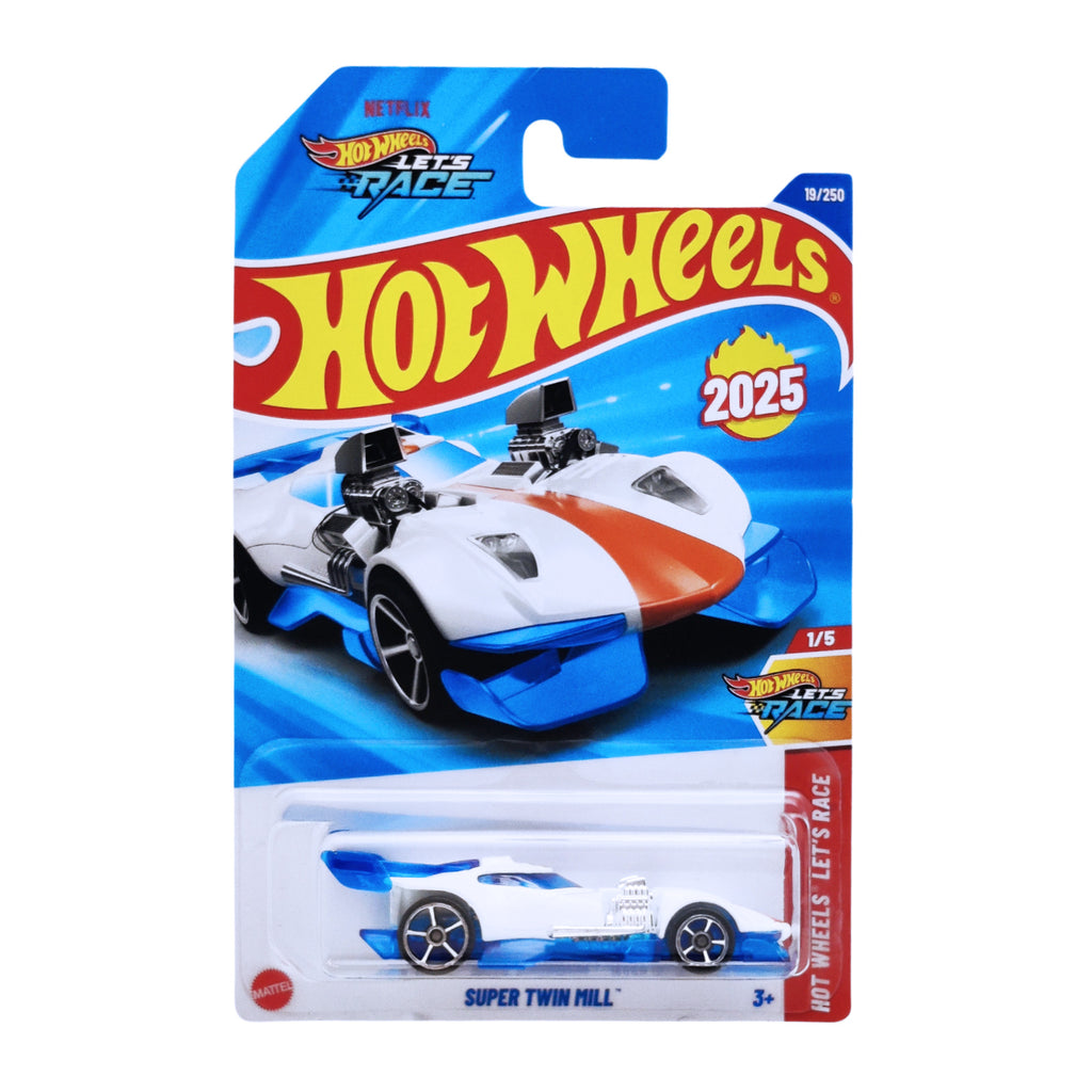 Hot Wheels Let’s Race Super Twin Mill (White & Blue Variant) – 2025 Mainline 19/250 – 1/5 Let’s Race Series – 1:64 Die-Cast – Netflix Hot Wheels: Let’s Race Edition