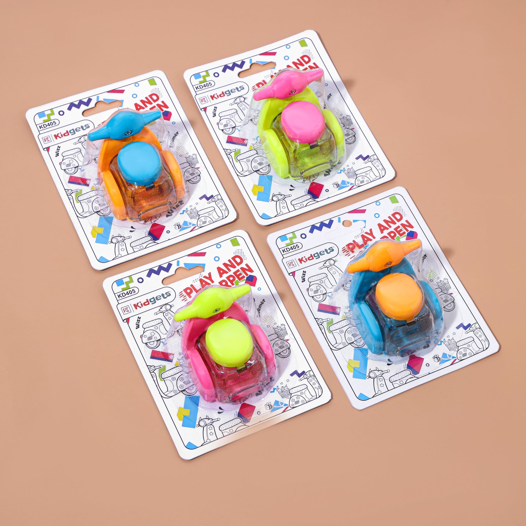 Kidgets KD405 Scooter Pencil Sharpener for Kids | Fun "Sharp and Store" Retro Scooter Stationery | Stainless Steel Blade | Assorted Colors