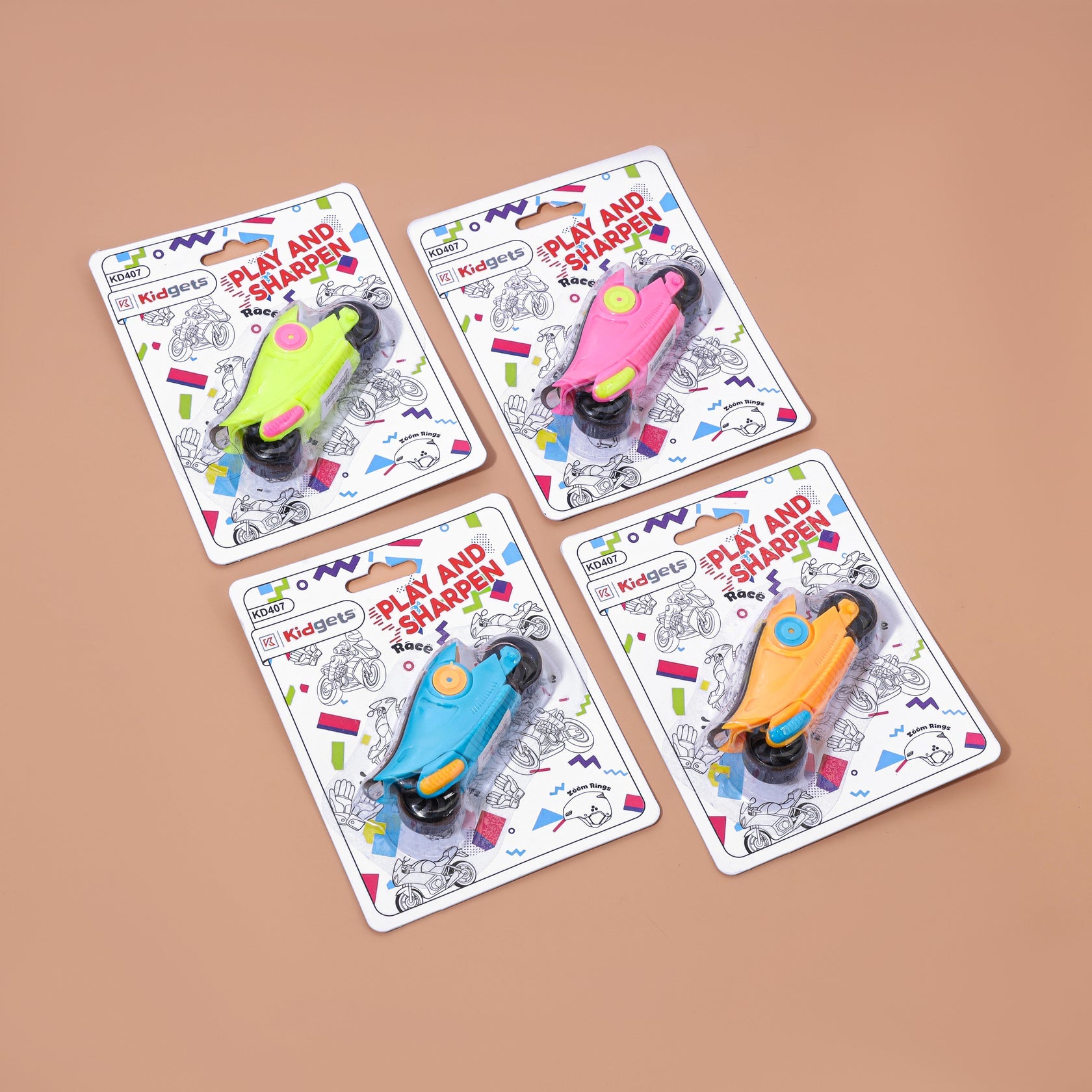 Kidgets KD407 Sports Bike Pencil Sharpener for Kids | Fun "Sharp and Store" Racing Motorcycle Stationery | Stainless Steel Blade | Assorted Colors - MINIMEE KIDS