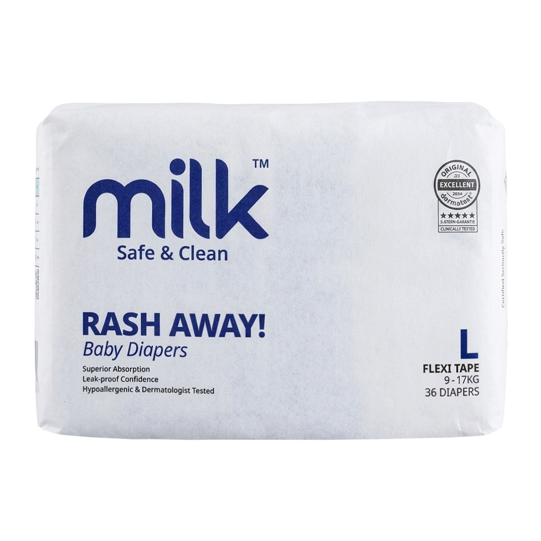 Milk Rash Away Baby Diapers | Large (L) Size Flexi Tape | 36 Count | 9-17kg | Superior Absorption, Leak-Proof, Hypoallergenic & Dermatologist Tested - MINIMEE KIDS