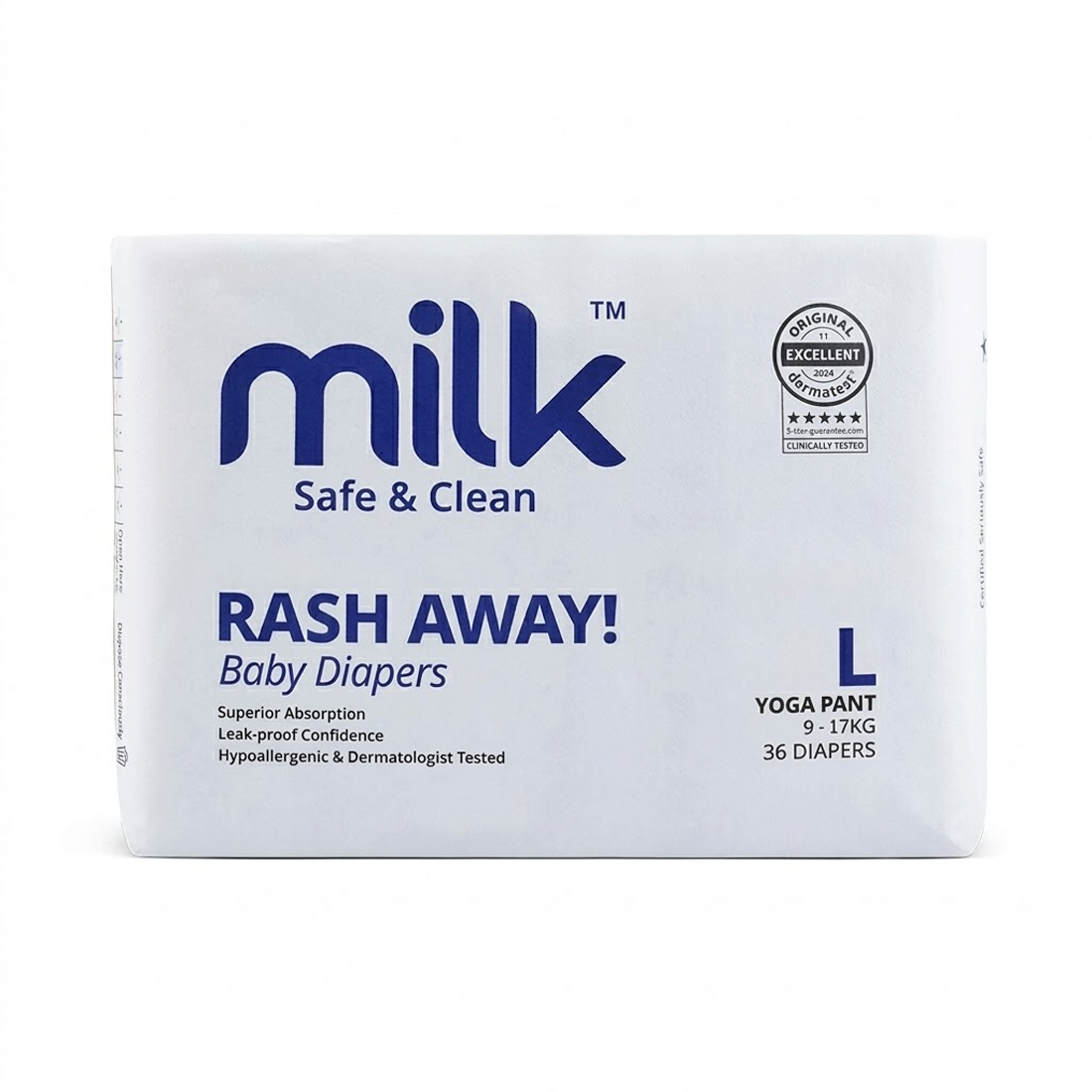 Milk Rash Away Baby Diapers | Large (L) Size Yoga Pant Pull-Ups | 36 Count | 9-17kg | Superior Absorption, Leak-Proof & Dermatologist Tested - MINIMEE KIDS