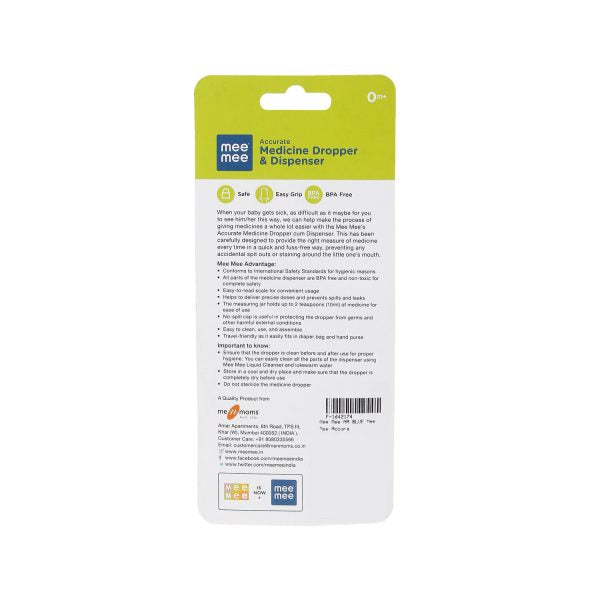 Mee Mee Accurate Medicine Dropper & Dispenser - The caring Touch for 0+ Months (Color May Vary)