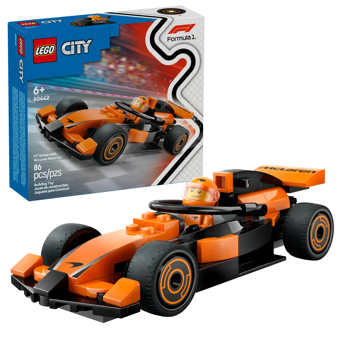 LEGO City F1 Driver with McLaren Race Car 60442 – 86 Piece Formula 1 Building Set, Orange Racing Car & Minifigure, Official McLaren Licensed Gift for Kids 6+