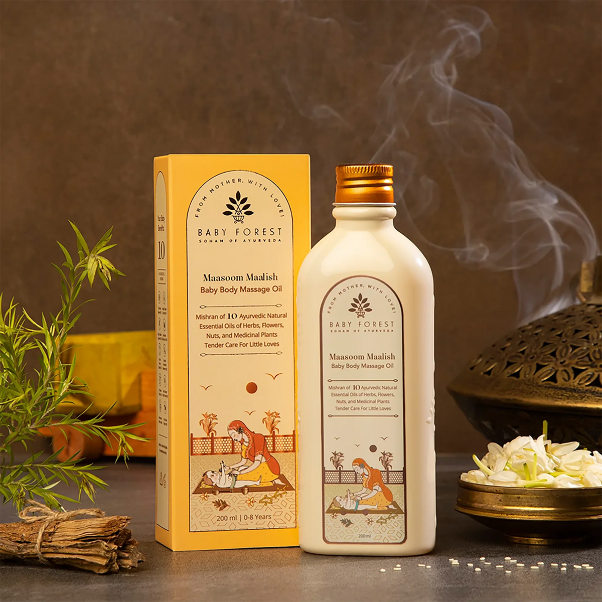 Baby Forest Maasoom Maalish Ayurvedic Baby Body Massage Oil (200ml) – Blend of 10 Natural Essential Herbs & Cold-Pressed Oils for Strong Bones, Muscle Tone & Sound Sleep - MINIMEE KIDS