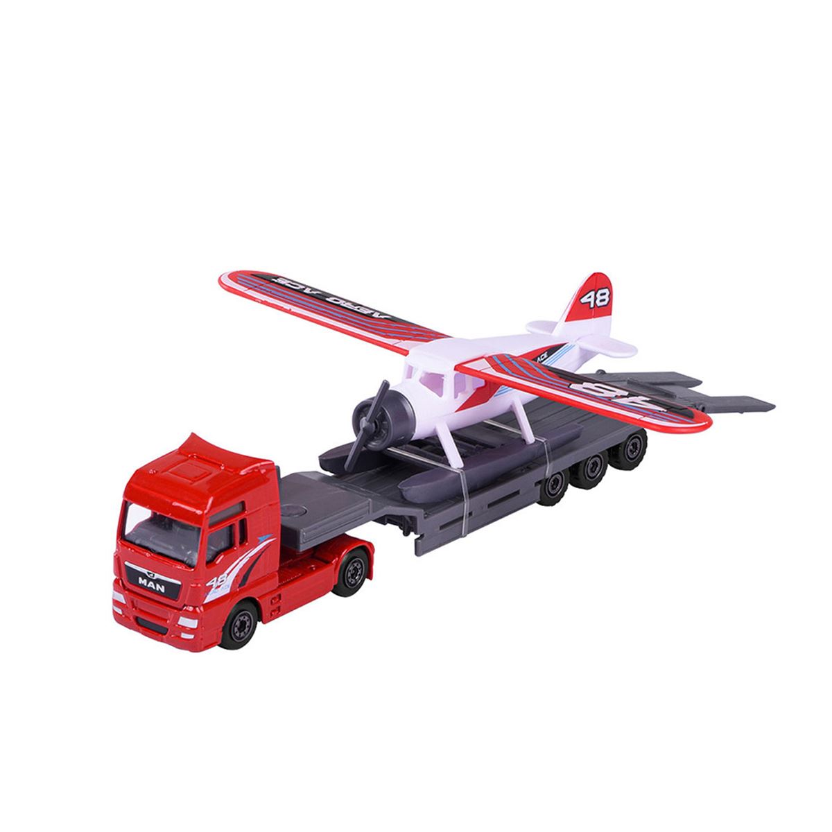 Majorette Transporter Series – Mercedes-Benz Actros & MAN TGX XXL Die-Cast Truck with Speedboat, Police Helicopter, Spacefleet, Tractor, Aeroplane & More | 3+ Years