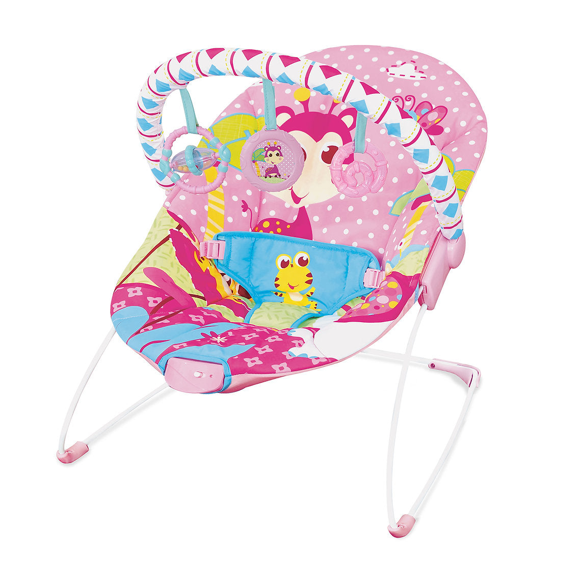 Mastela Soothing Vibrations Bouncer | Cradling Infant Seat with Engaging Toys & Removable Toy Bar | Birth to 11kg (approx. 9 Months) | Pink Floral & Polka Dot Design - MINIMEE KIDS