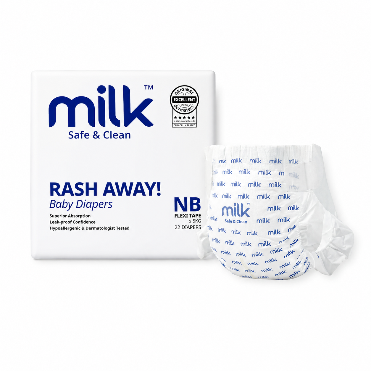 Milk Safe & Clean Baby Diapers NB Size Newborn 22pcs | RashDefense Leak-Proof, Dermatologist Tested, Ultra Absorbent