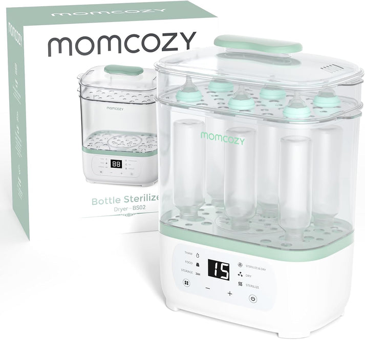 Momcozy 6-in-1 Baby Bottle Sterilizer and Dryer (Model BS02) – Electric Steam Sterilizer with 24H Sterile Storage, Large Capacity for 8 Bottles & Breast Pump Parts, Milk Thawing & Baby Food Warmer (BPA-Free) - MINIMEE KIDS