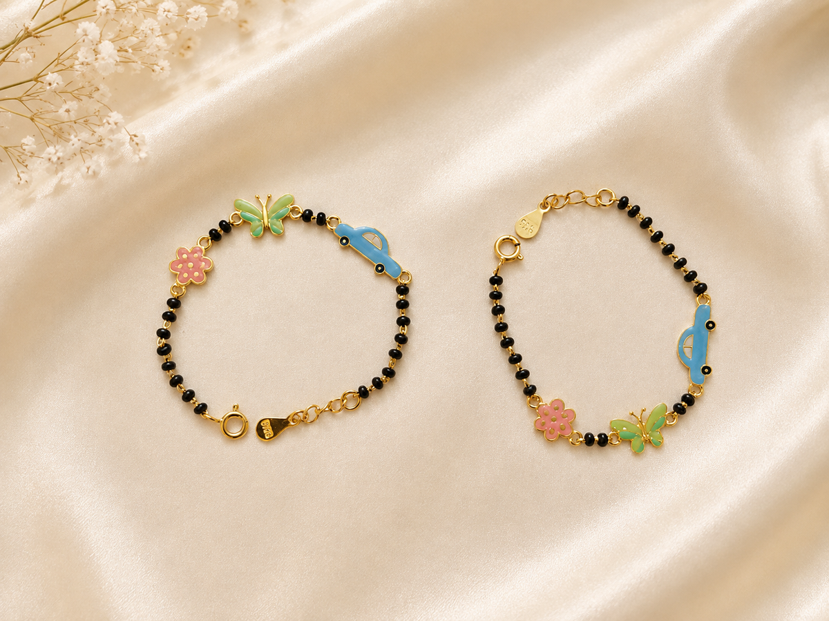 Playful Enamel Nazariya Bracelet for Kids - Gold Plated 925 Sterling Silver with Butterfly, Car & Flower Charms