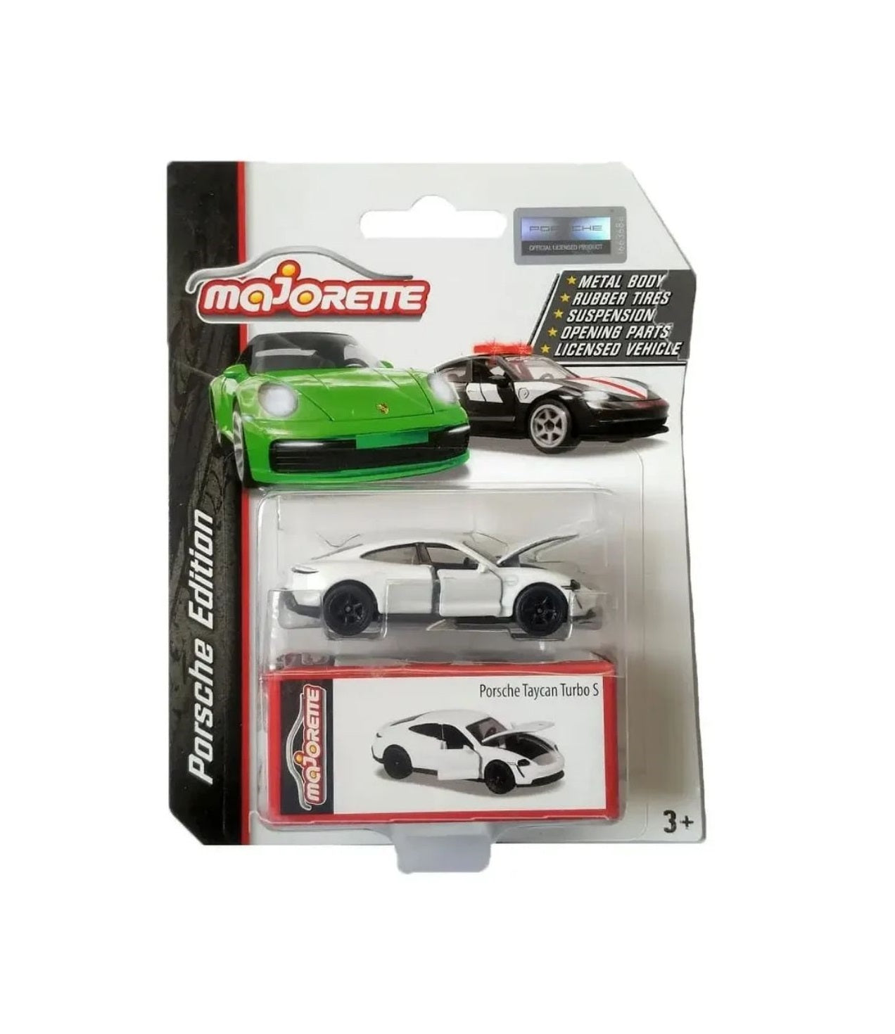 Majorette Porsche Edition: Porsche Taycan Turbo S | Officially Licensed 1:64 Scale White Die-Cast Car with Opening Parts, Rubber Tires, and Collector's Box