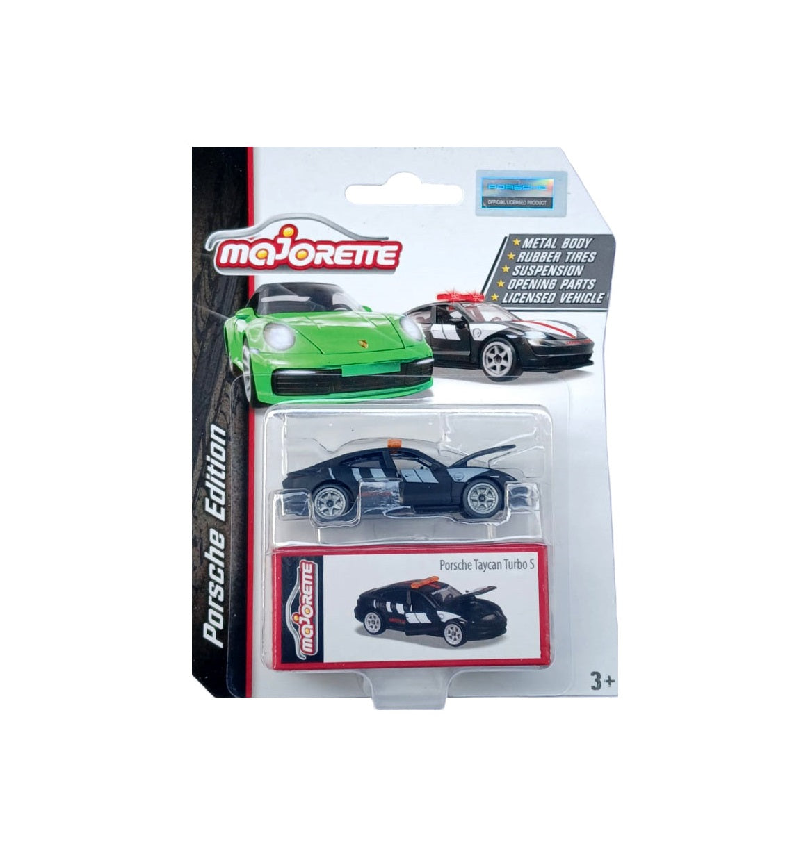 Majorette Porsche Edition: Porsche Taycan Turbo S (Black) | Officially Licensed 1:64 Scale Die-Cast Car with Opening Parts, Rubber Tires, and Collector's Box