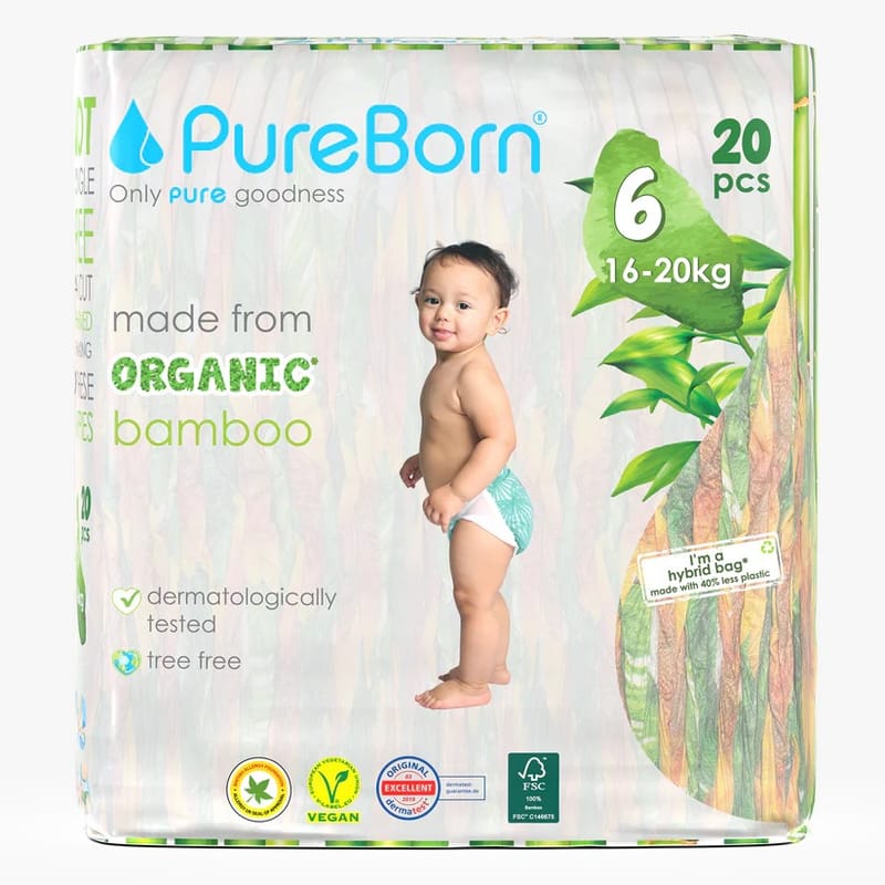 PureBorn Organic Bamboo Diapers Size 6 (16–20 kg) – 20 Pcs | Ultra Soft, Hypoallergenic, Eco-Friendly Disposable Nappies with Wetness Indicator | Dermatologically Tested & Extra Absorbent