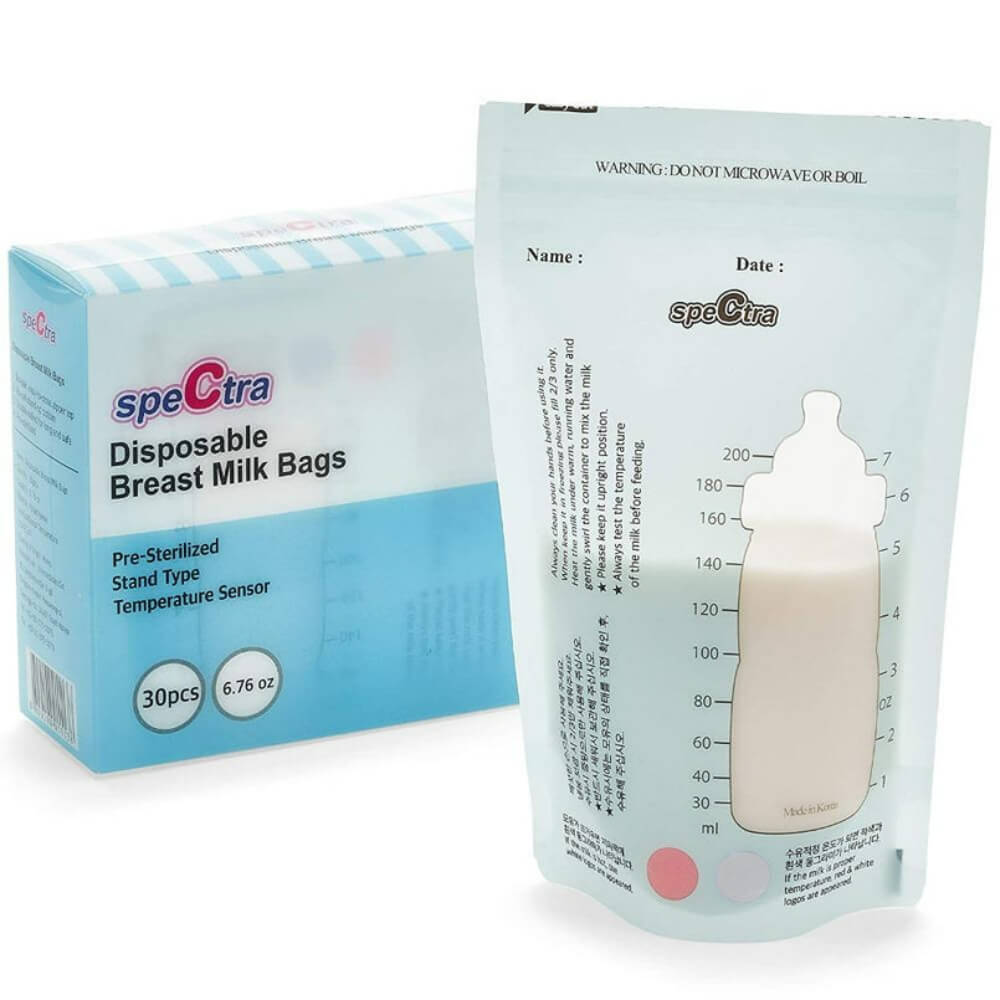 Spectra Disposable Breast Milk Storage Bags – Pre-Sterilized, BPA-Free, Double-Lined, Self-Standing with Temperature Control Guide | 200ml, 30 Pcs