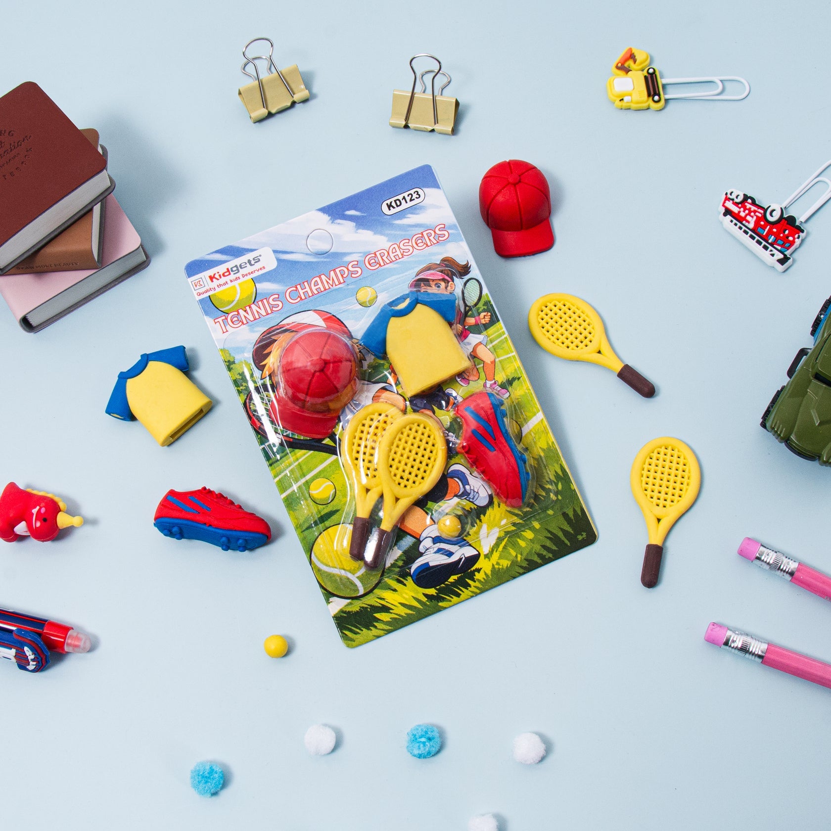 Kidgets KD123 Tennis Champs 3D Eraser Set for Kids | 5-Piece Sports Themed Stationery Kit with Rackets & Gear | Fun Collectible Puzzle Erasers