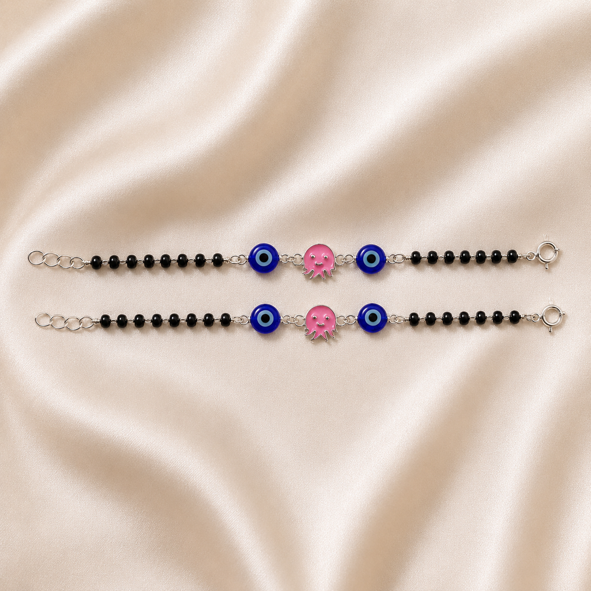 Pink Octopus & Blue Evil Eye Silver Baby Nazariya | 925 Hallmarked Silver Protective Bracelets | Adjustable Kids Jewelry | Set of 2