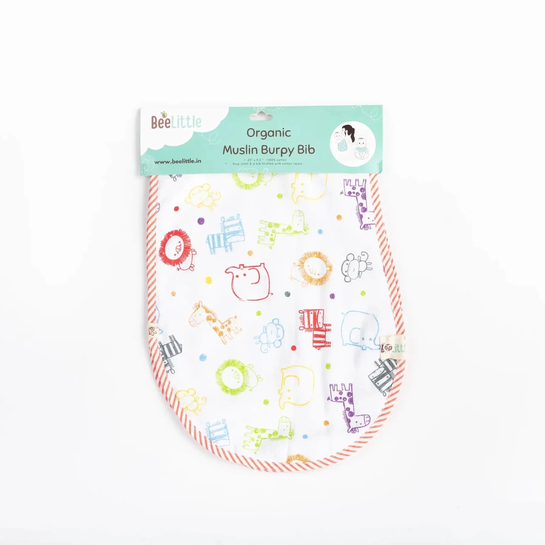 BeeLittle Organic Muslin Burpy Bib - Zoo Party | Ultra-Soft, Multi-Functional Bib and Burp Cloth | 58 cm x 23 cm
