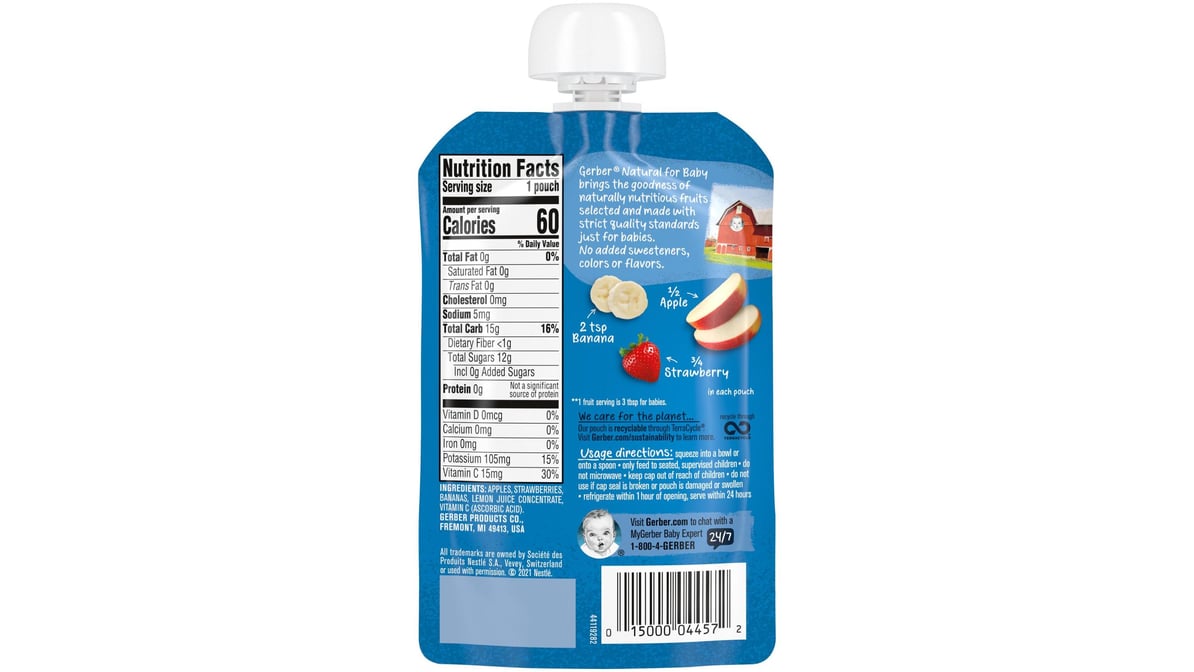 Gerber Natural Apple Strawberry Banana Puree with Vitamin C for Babies 6-8 Months - 99g - Delicious & Nutritious Fruit Blend