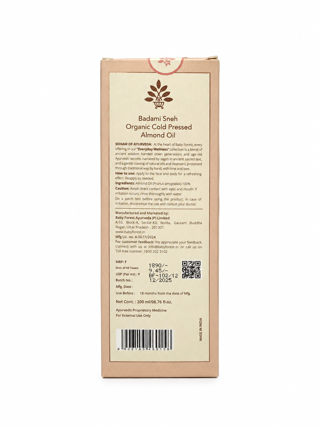 Baby Forest Badami Sneh 100% Pure Organic Cold Pressed Almond Oil for Baby Massage (200ml) – Wood-Pressed Ayurvedic Baby Oil for Strong Bones, Cradle Cap Relief, Hair Growth & Sensitive Skin - MINIMEE KIDS