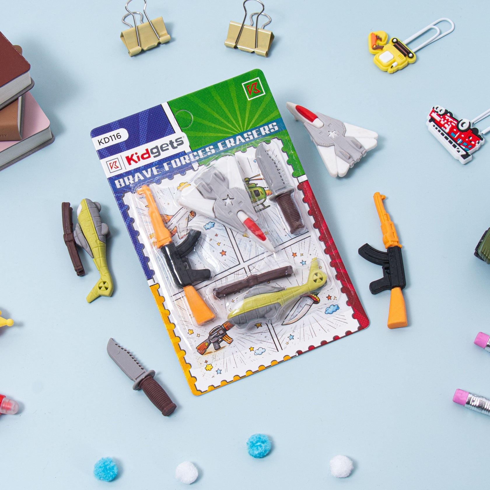 Kidgets KD116 Brave Forces 3D Eraser Set for Kids | 4-Piece Military & Aviation Themed Stationery Kit | Fun Collectible Puzzle Erasers