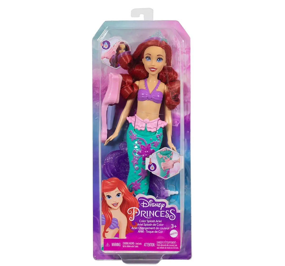 Disney Princess Color Splash Ariel Mermaid Doll with Color-Change Hair and  Tail Water Toy Inspired by The Little Mermaid