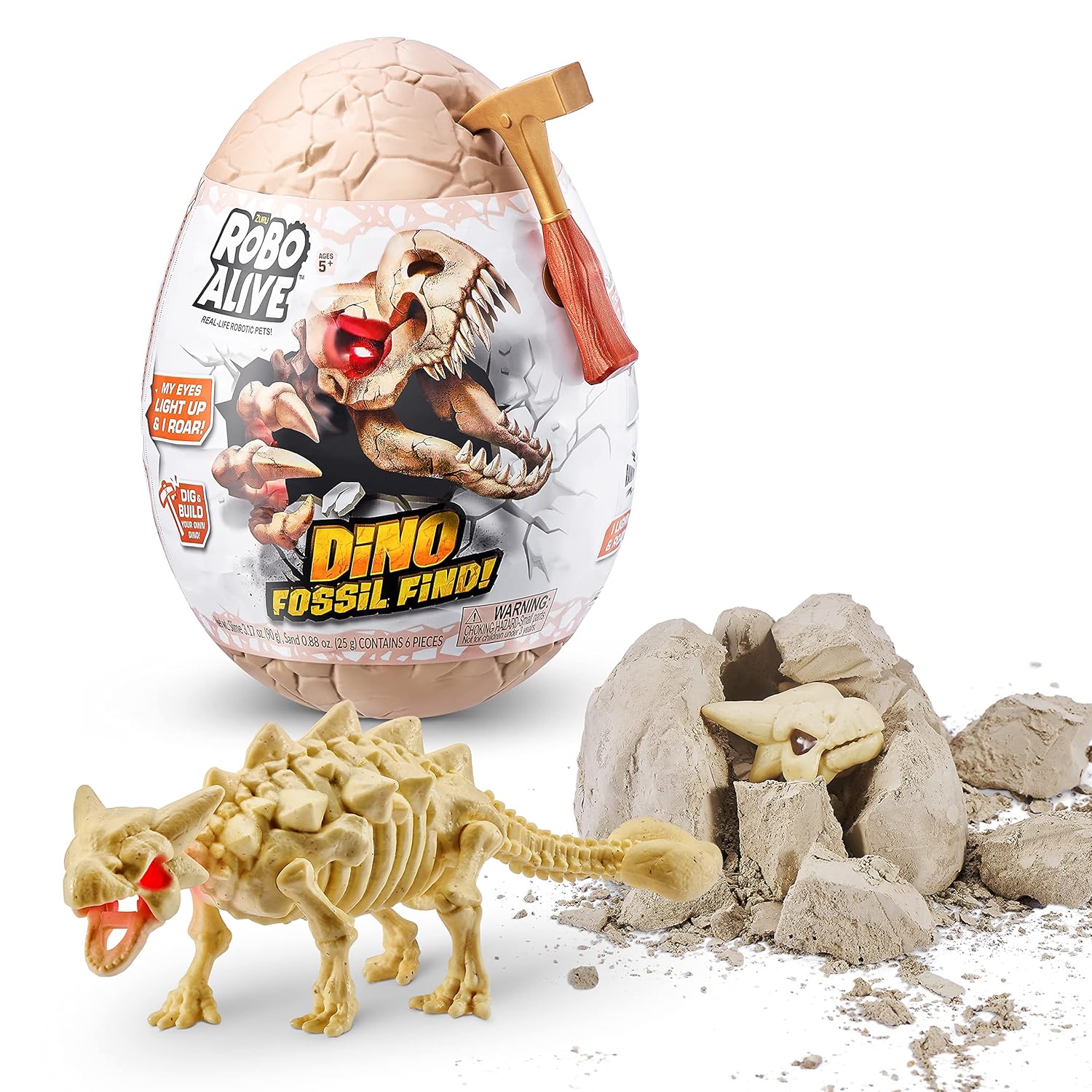 Zuru Robo Alive Dino Fossil Find - Dig, Assemble, Light-Up Dino Skeleton with Sounds, Dinosaur Fossils Excavation Kit, for Kids Ages 5+