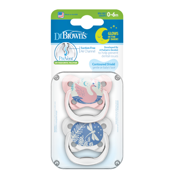 Dr Brown's PreVent Orthodontic Soother Glows-In-The-Dark 2 Pacifiers for 0-6 Months