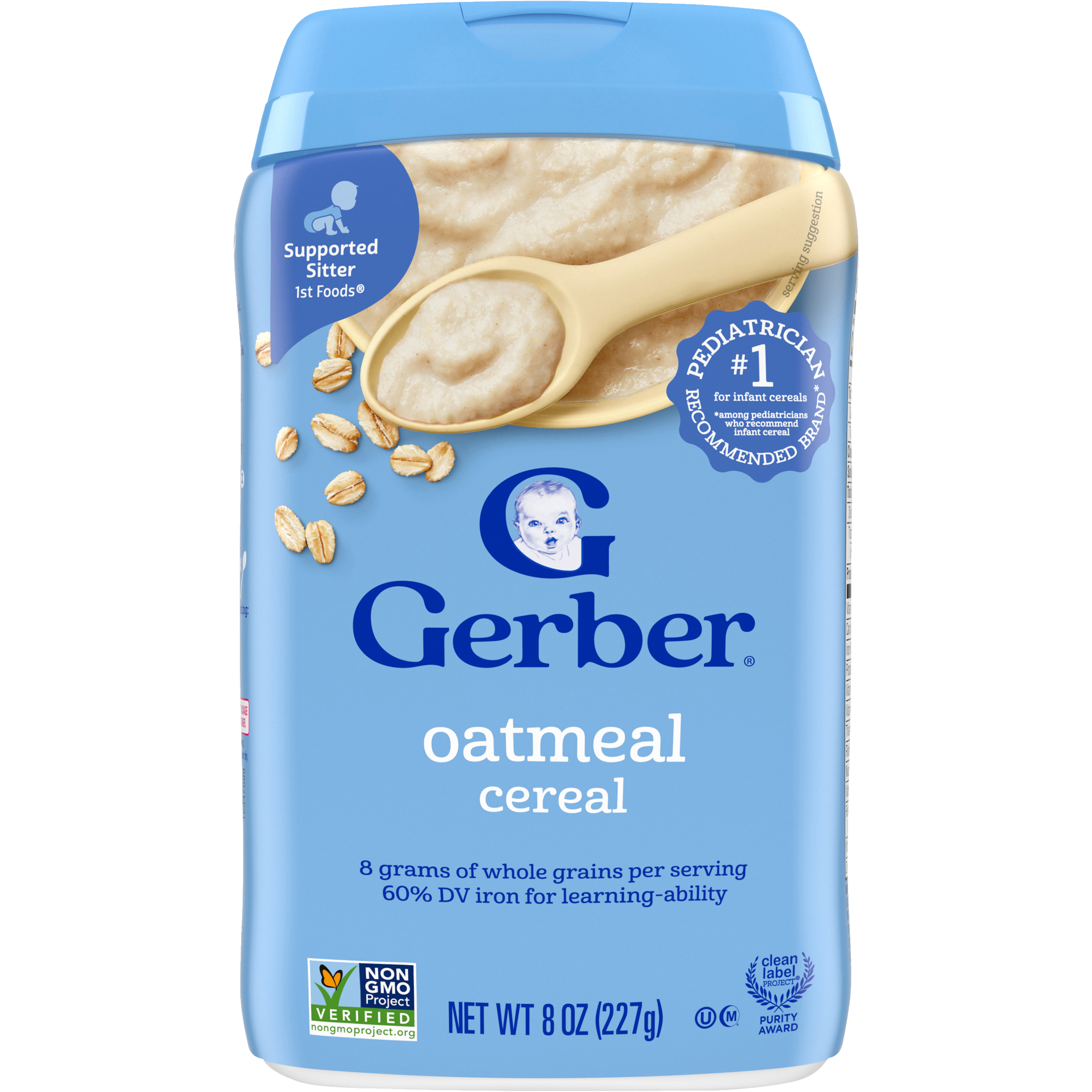 Gerber Oatmeal Cereal - 227g | Gentle Single Grain Cereal, Non-GMO, 60% DV Iron for Learning-Ability & 8g Whole Grains for Sitter Babies (4-6+ Months)