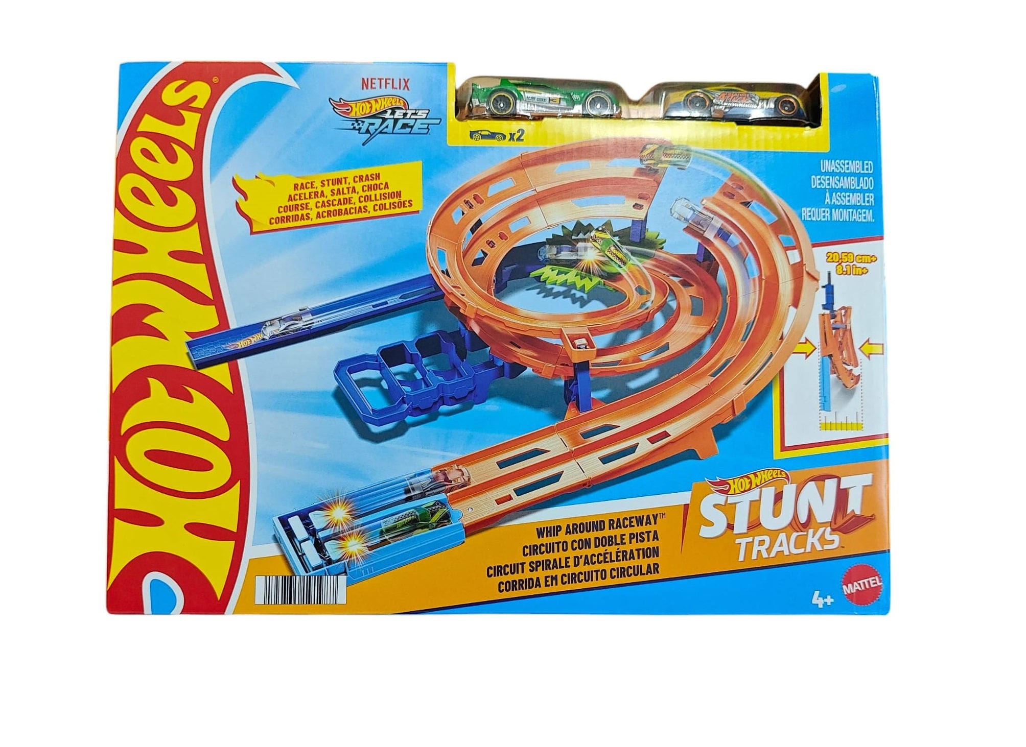 Hot Wheels Stunt Tracks - Whip Around Raceway | Race, Stunt & Crash - Includes 2 Hot Wheels Cars, Foldable Track for Storage, 4+ Years