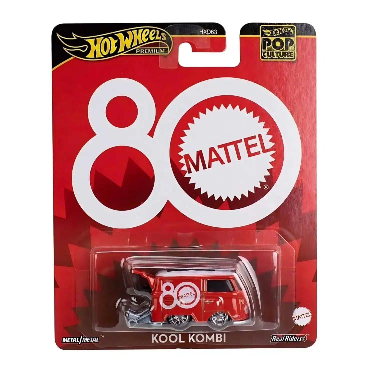 Hot Wheels Kool Kombi Die-Cast Car - HW Pop Culture Series 1:64 Scale | Limited Edition Mattel 80th Anniversary | Ruby-Red VW Type 2 with Real Riders & Surfboards