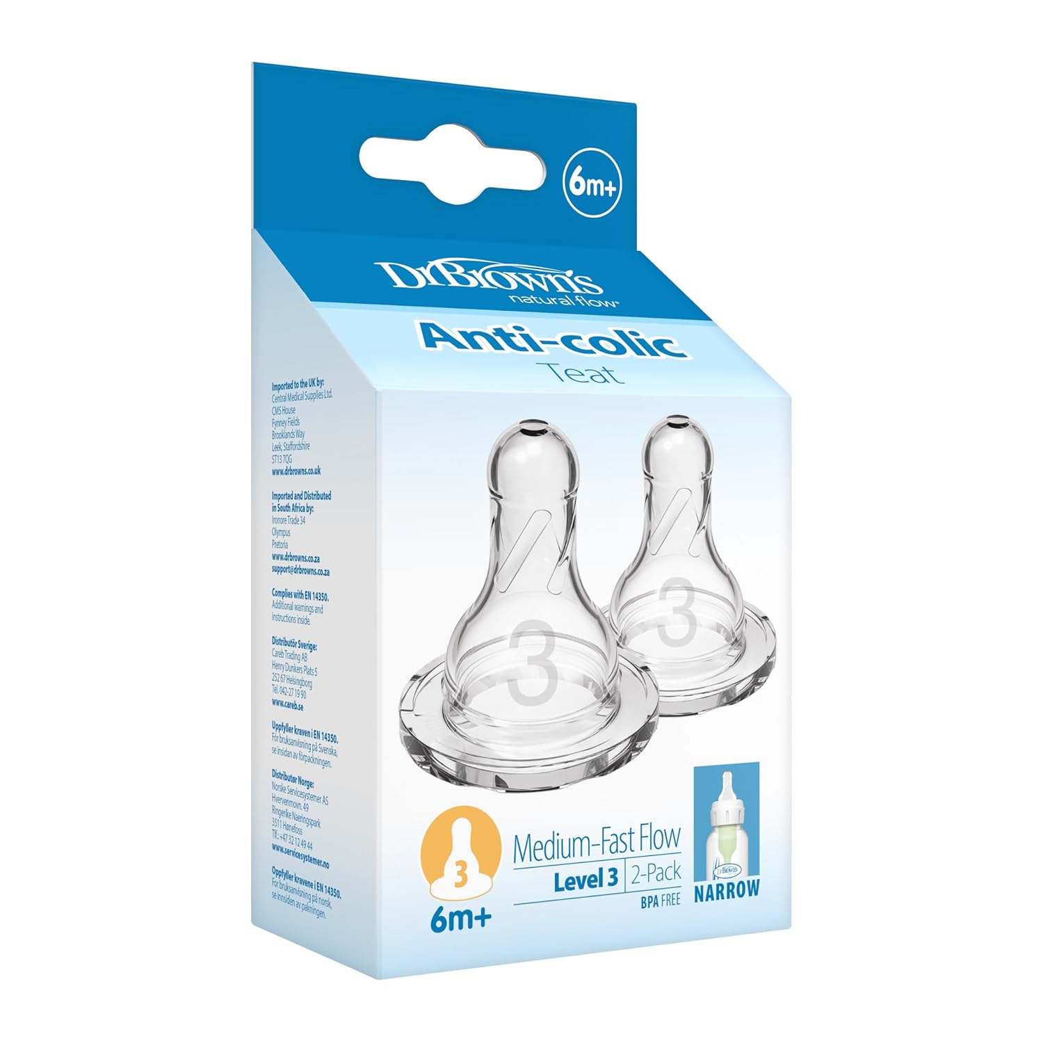 Dr. Brown's Anti-Colic Narrow Neck Teat for 6+ Months Level 3 - Medium Fast Flow | Pack of 2 Nipples