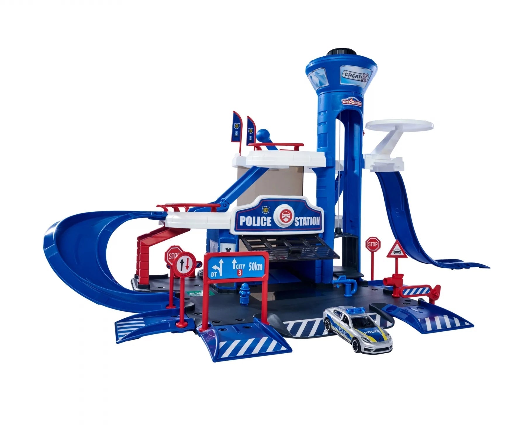Majorette Creatix Police Station – 3-Story Police Set with Porsche Panamera Police Car, Toy Police Station for Kids Ages 5+ with Manual Lift, Helicopter Pad, Garage, and Access Ramps