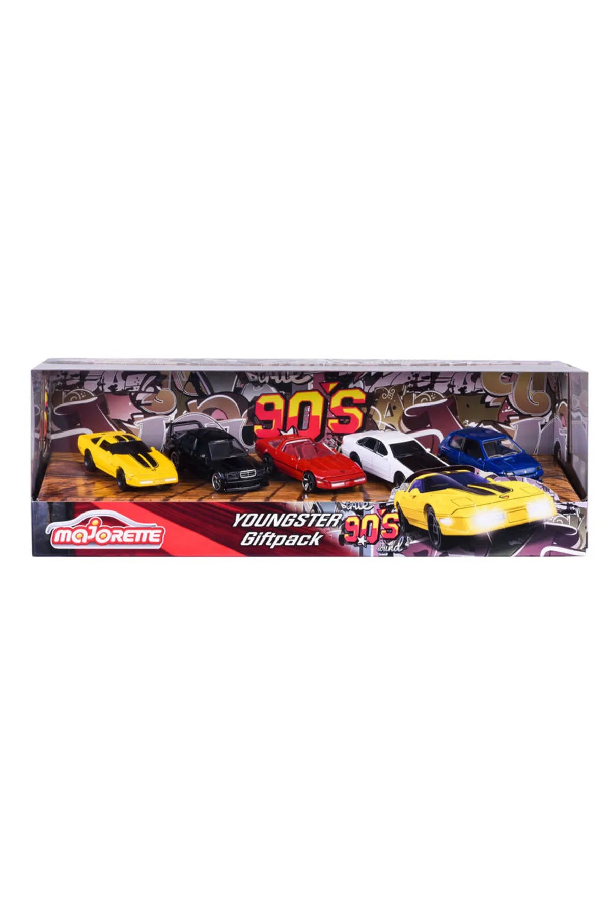 Majorette Youngsters 90’s 5-Piece Giftpack – Die-Cast Toy Cars Set | Includes Chevrolet Corvette C4 ZR-1, Mercedes-Benz 190 E, Nissan Cefiro & Renault Clio 16S – 1:64 Scale Metal Cars with Opening Parts – 3+ Years