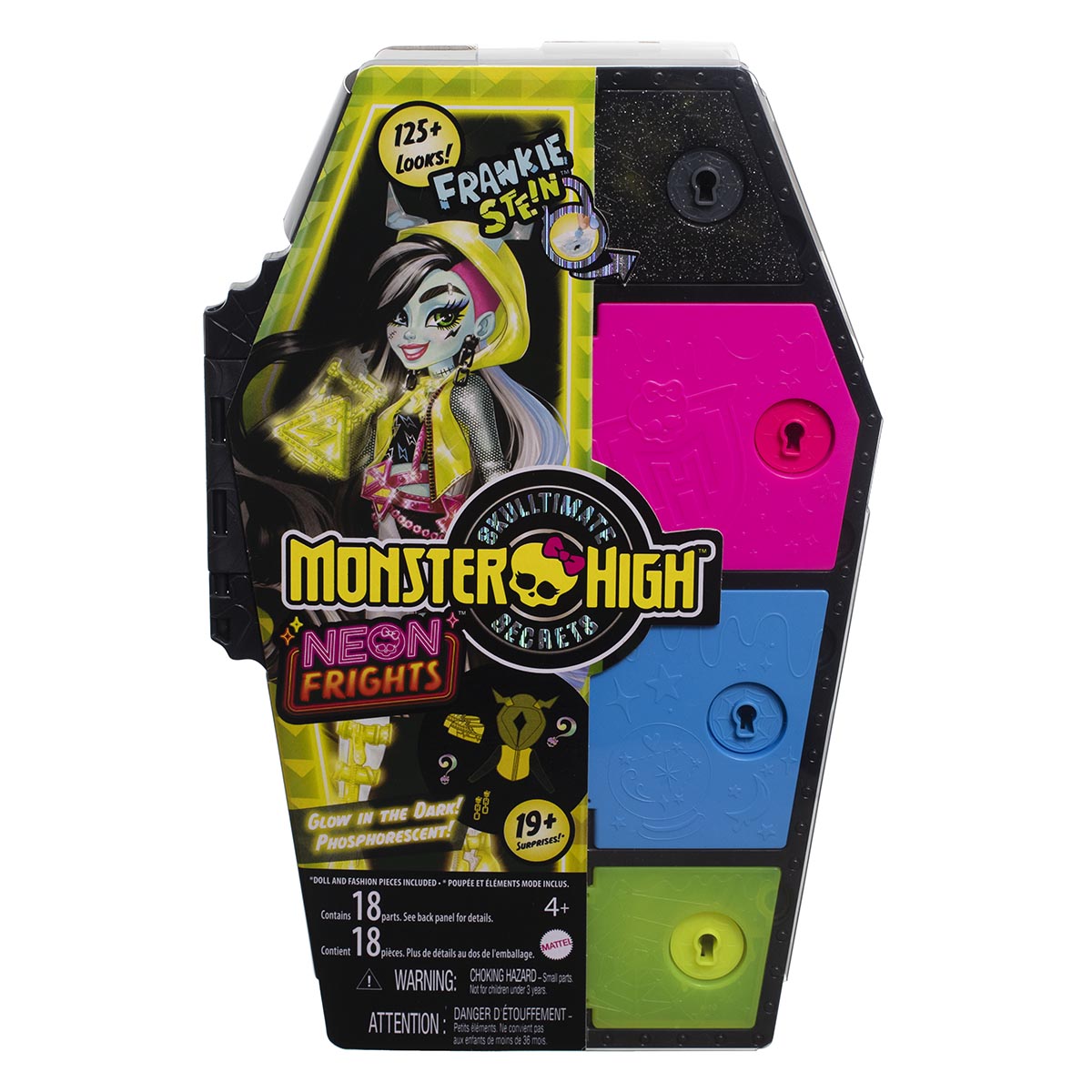 Monster High Skulltimate Secrets: Neon Frights Frankie Stein Doll Set 125+ Looks, Glow-in-the-Dark Accessories 19+ Surprises Coffin Locker