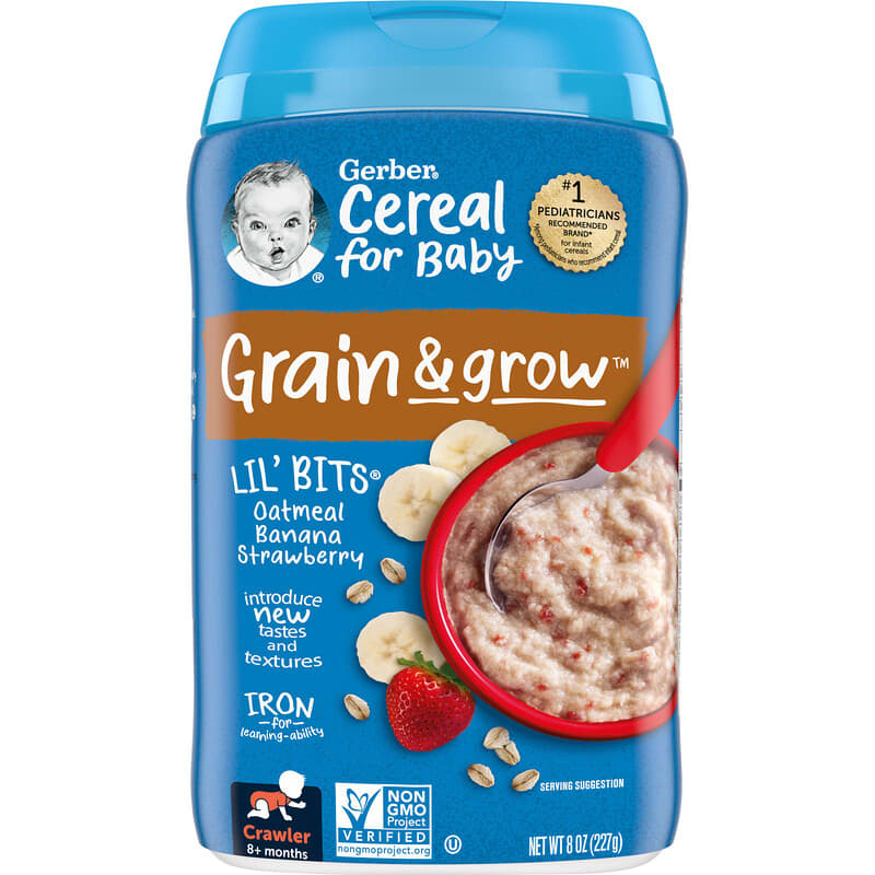 Gerber Baby Cereal Grain Grow Lil' Bits Oatmeal Banana Strawberry  Iron-Fortified Baby Food for 8+ Months 227g