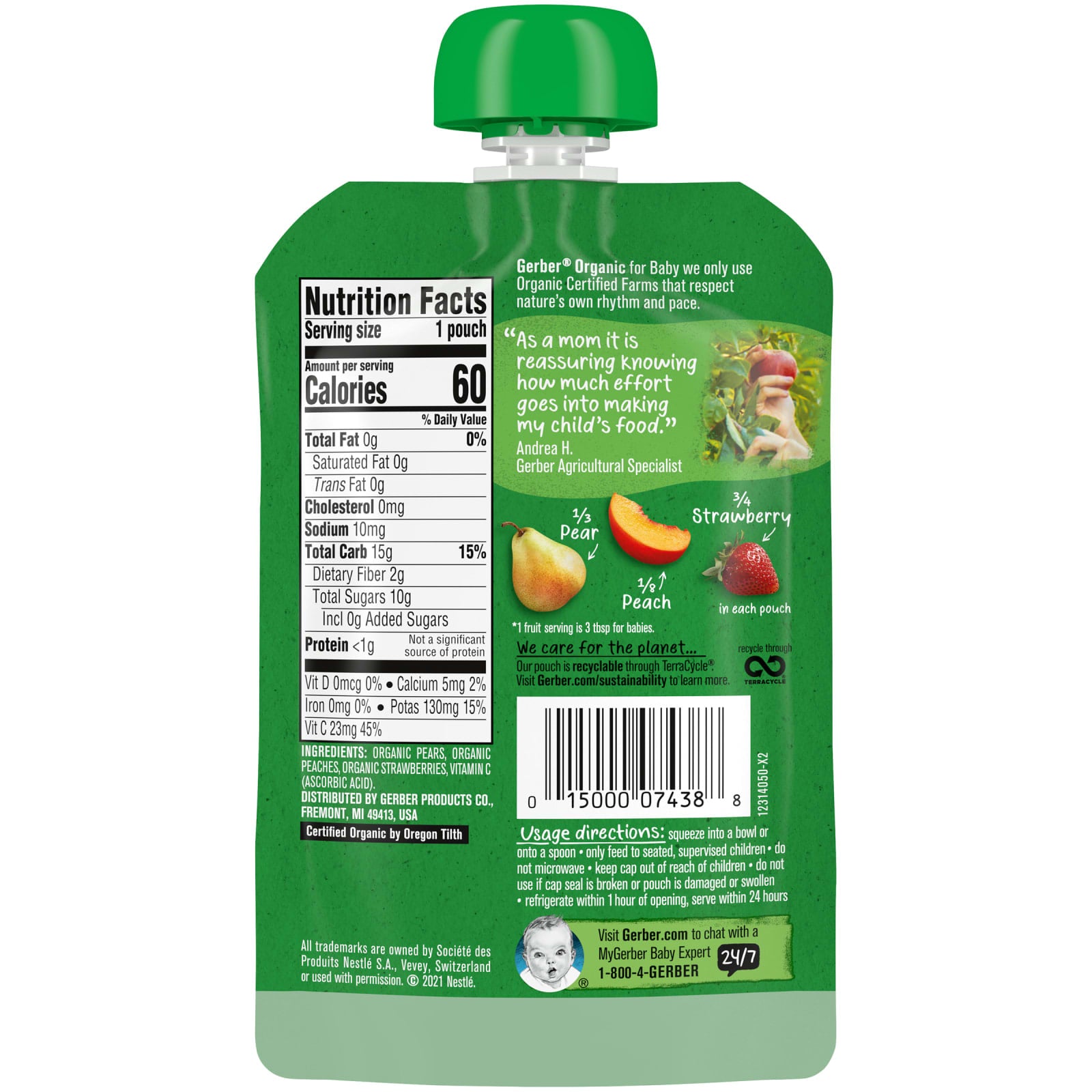 Gerber Organic for Baby Sitter 2nd Foods | Pear Peach Strawberry | 3.5 oz (99 g) | USDA Organic Baby Fruit Puree Pouch for Sitter Stage | No Added Sugar | Non-GMO | BPA-Free Packaging