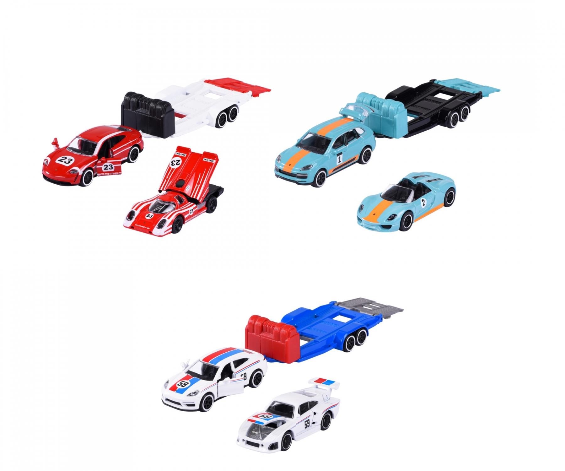Majorette Porsche Race Trailer Set – Officially Licensed 1:64 Scale Die-Cast Toy Cars with Trailer | Porsche Cayenne, Panamera, Taycan with Matching Race Cars | Metal Body & Opening Parts | Ages 3+