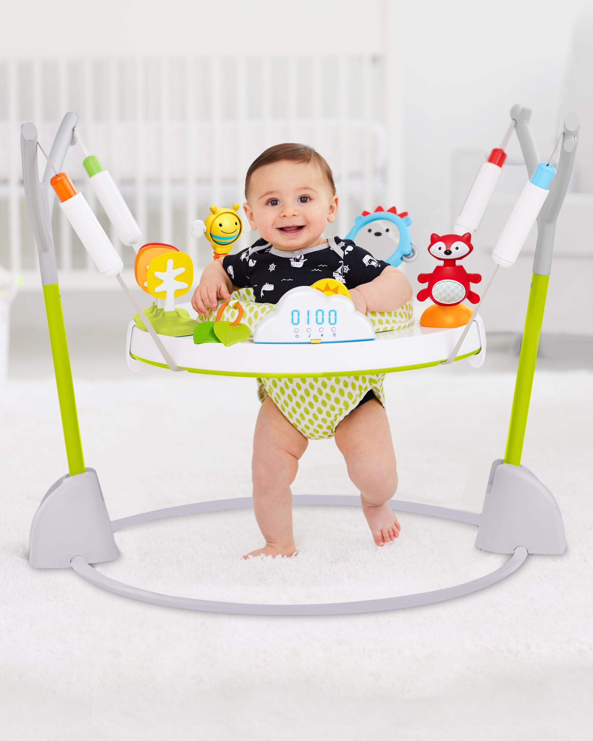 Skip Hop Explore & More Jumpscape Fold-Away Jumper with Light-Up Cloud Bounce Counter & 20+ Developmental Activities | Foldable Baby Activity Center | 360° Rotating Seat | JPMA Certified