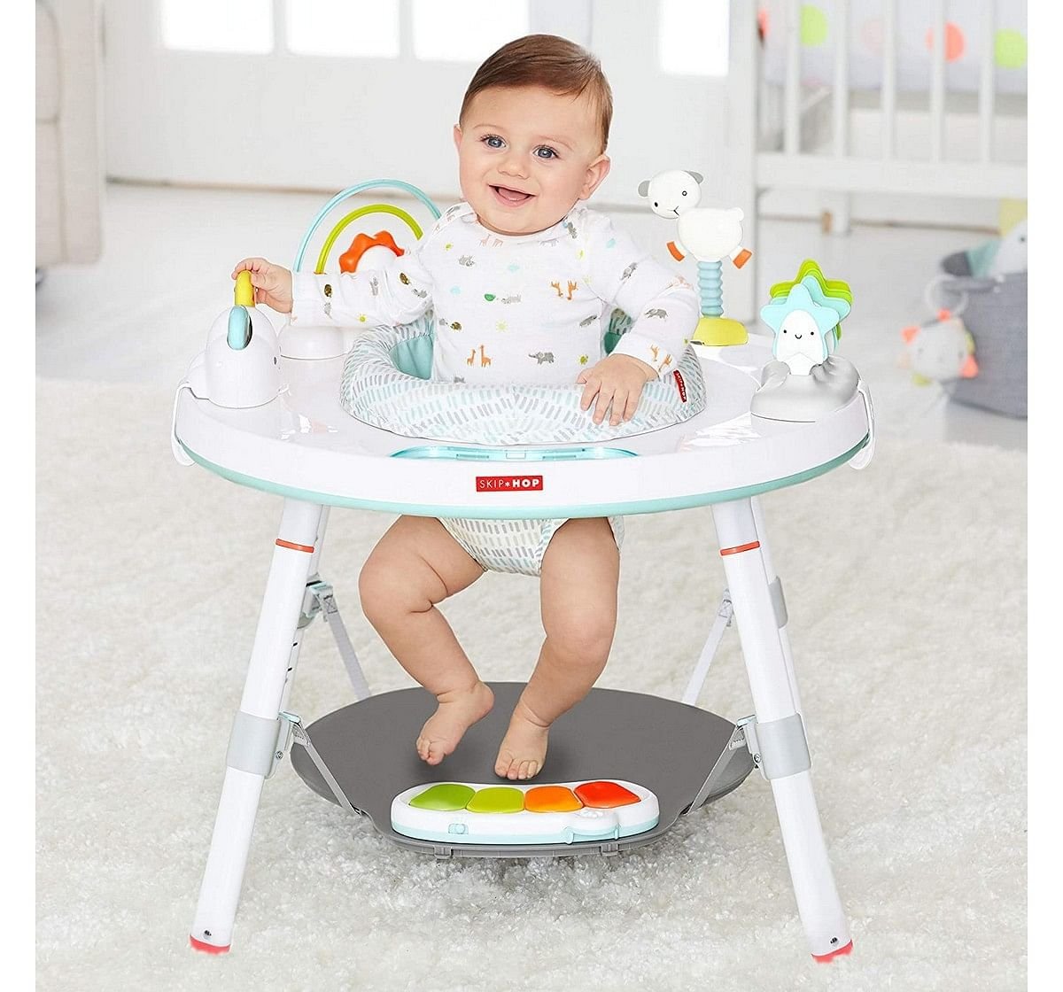 Skip Hop Silver Lining Cloud Baby’s View 3-Stage Activity Center | 25+ Developmental Activities | Sit, Swivel & Play to Table Mode | Light-Up Piano, Discovery Window | 4M+