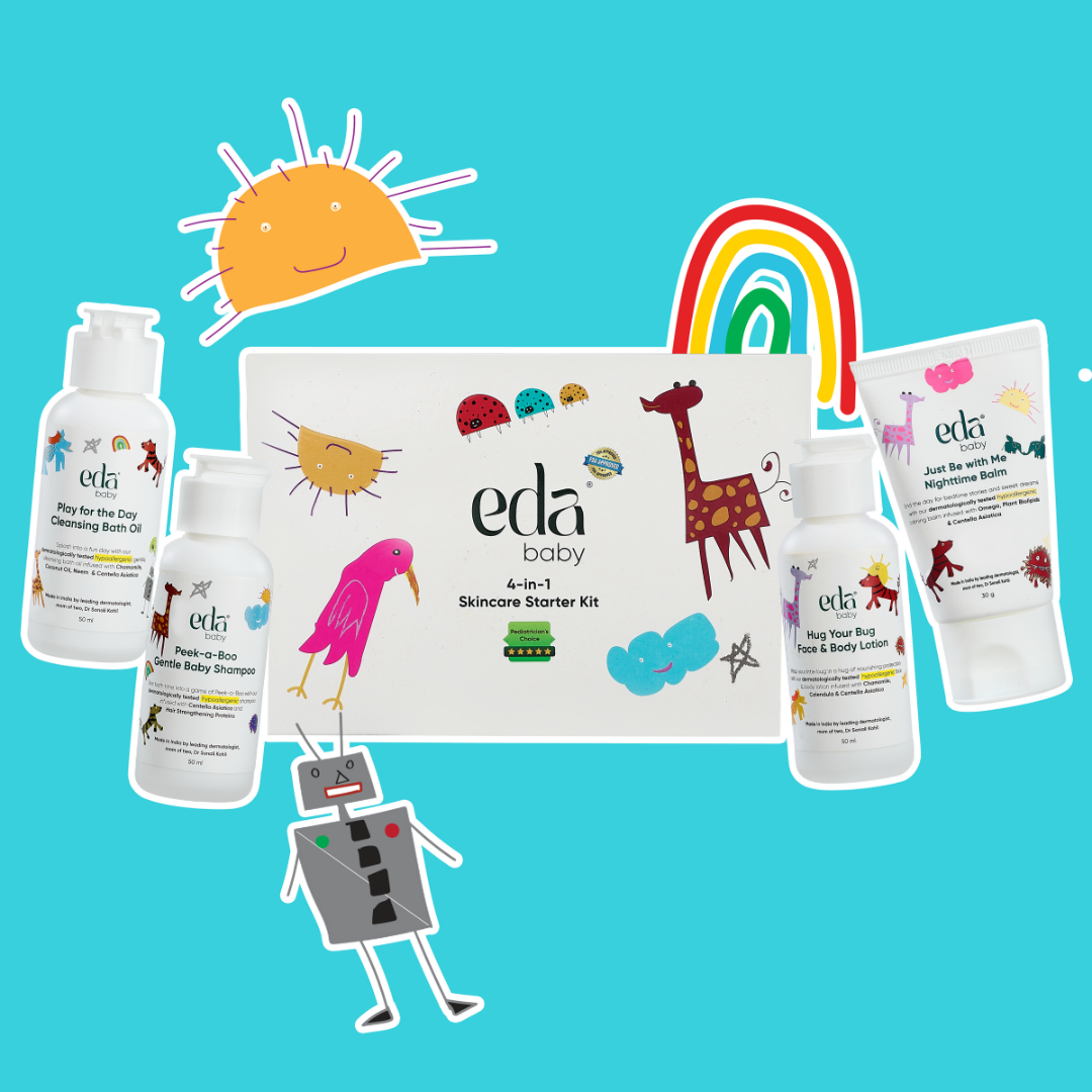 eda baby 4-in-1 Skincare Starter Kit | Gentle Baby Bath & Body Essentials for Soft, Nourished Skin | Trial Pack With Bath Oil, Shampoo, Lotion & Night Balm | Centella, Chamomile & Calendula Enriched